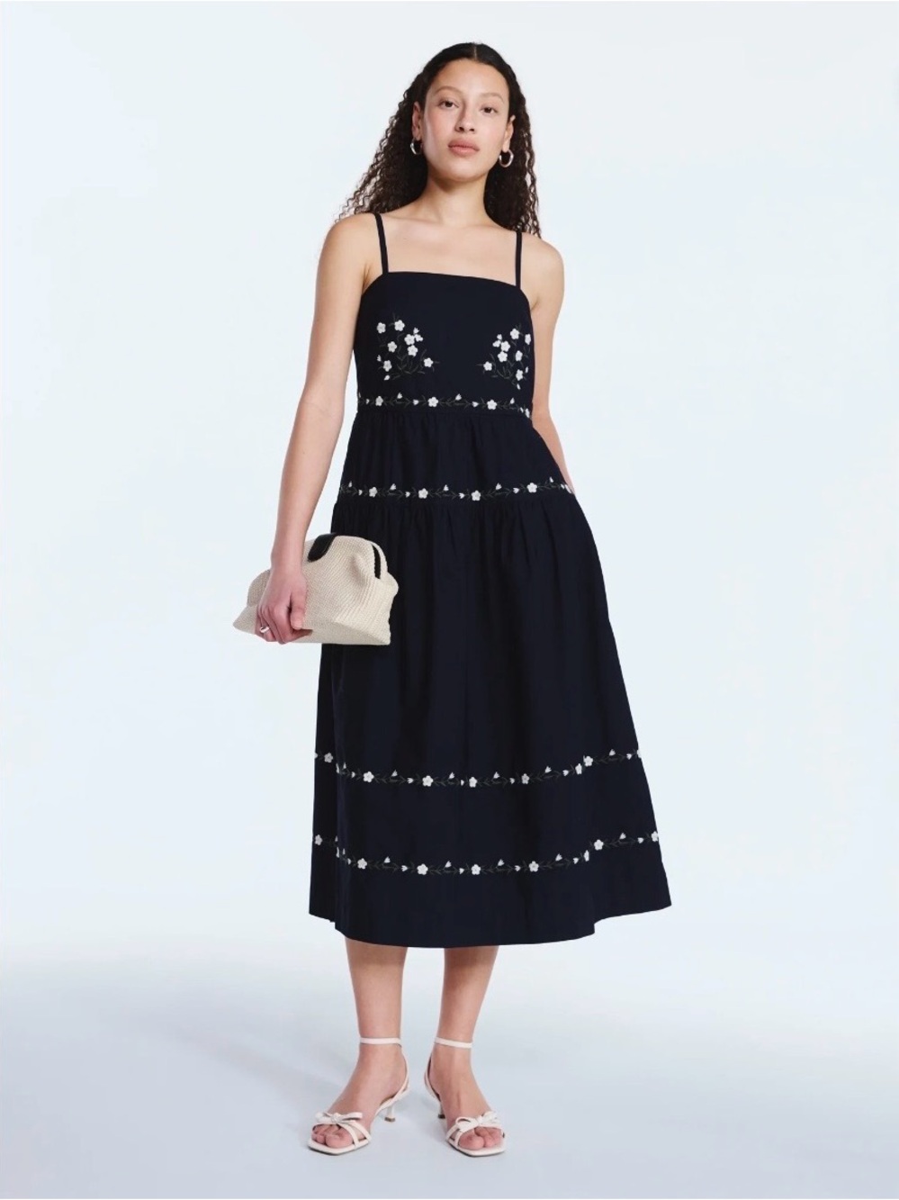 NWT! Free Assembly Floral Embroidered Midi Dress in Deepest Navy. Small.
